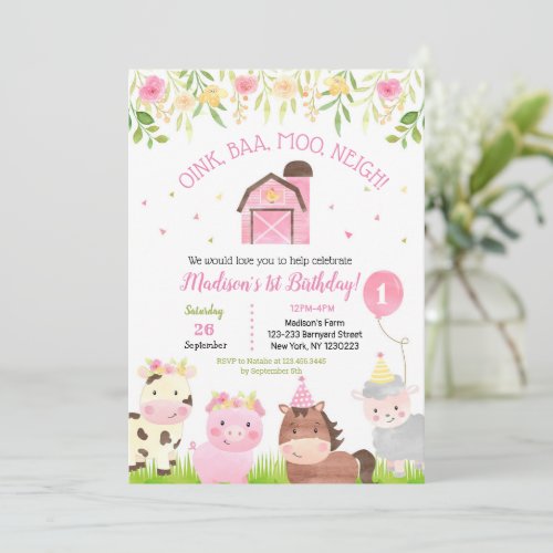 Farm Barnyard 1st Birthday Party Invitations Girl