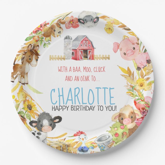 Farm Barnyard Animal Birthday Paper Plates (Front)