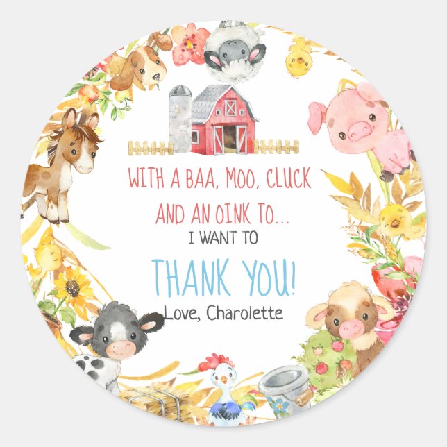 Farm Barnyard Animal Birthday Thank you Classic Round Sticker (Front)