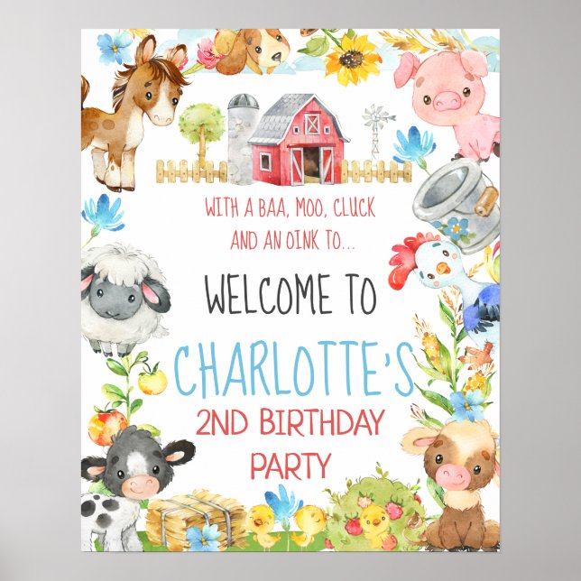 Farm Barnyard Animal Birthday Welcome Sign (Front)
