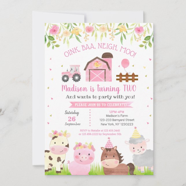 Farm Barnyard Animals 2nd Birthday Invitations (Front)