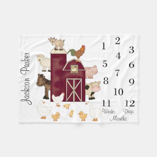 Farm Barnyard Animals Baby Milestone Month Monthly Fleece Blanket