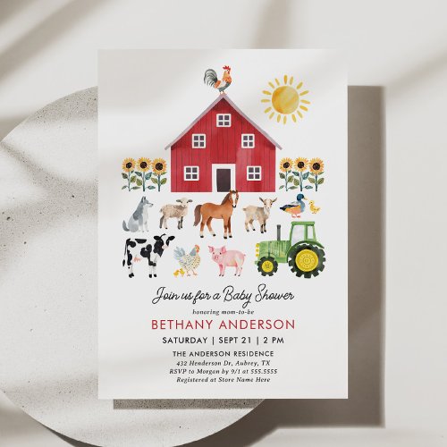 Farm Barnyard Animals Baby Shower Invitation