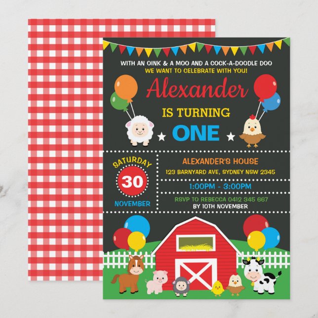Farm Barnyard Animals Birthday Party Chalkboard Invitation (Front/Back)