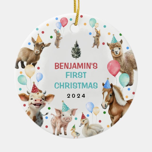 Farm Barnyard Animals Confetti Baby 1st Christmas Ceramic Ornament (Front)