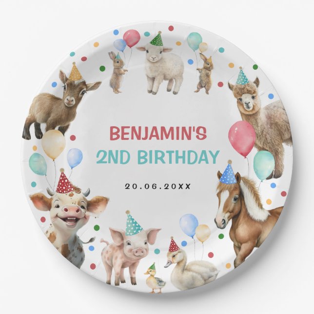 Farm Barnyard Animals Confetti Birthday Boy Paper Plates (Front)
