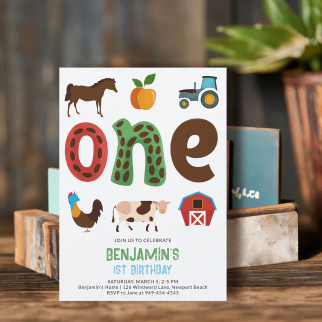 Farm Barnyard Animals Fruits Cute 1st Birthday Invitation | Zazzle