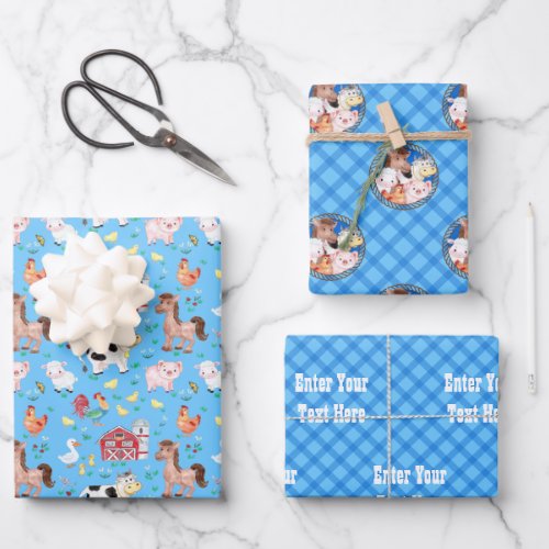 Farm barnyard animals gingham blue wrapping paper sheets