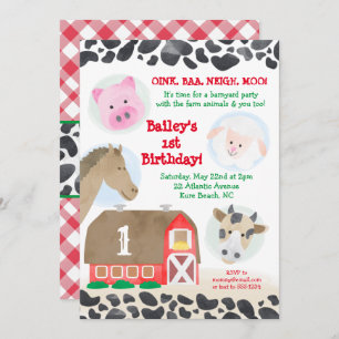 Farm Barnyard Animals Gingham Cow Print Birthday Invitation
