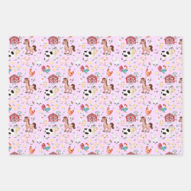 Farm barnyard animals gingham pink wrapping paper sheets (Front)