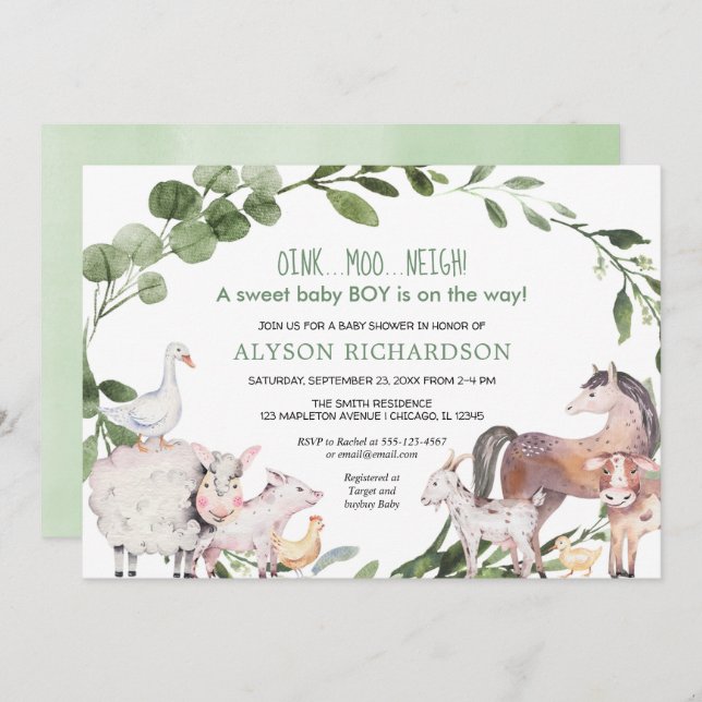 Farm barnyard animals greenery boy baby shower invitation (Front/Back)