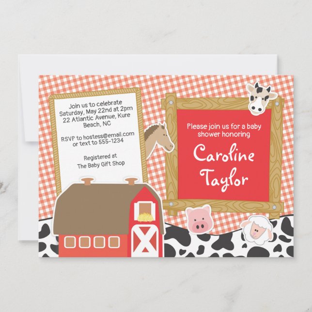 Farm Barnyard Animals Red Boy Baby Shower Invitation (Front)
