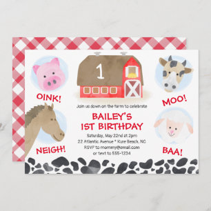 Farm Barnyard Animals Red Gingham Boy Birthday Invitation