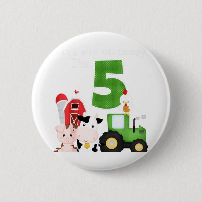Farm Barnyard Animals Tractor 5th Birthday 5 Year Button (Front)