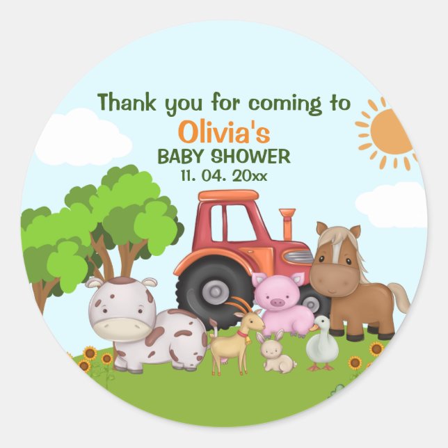 Farm Barnyard Baby Shower Classic Round Sticker (Front)