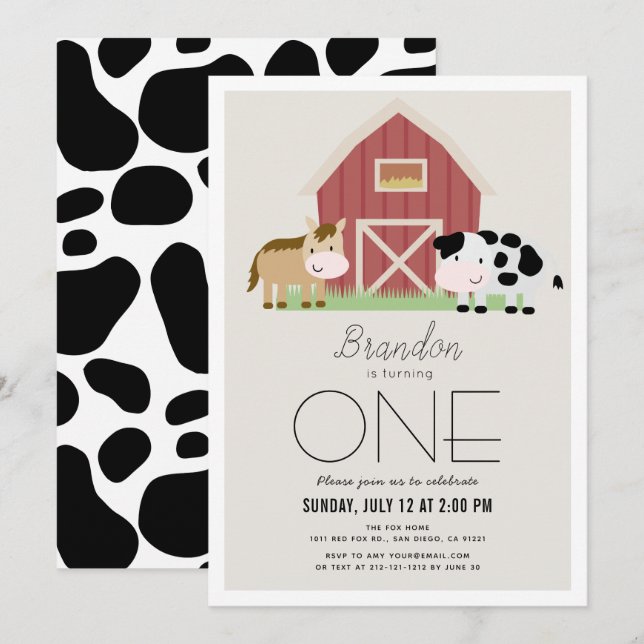 Farm Barnyard Beige 1st Birthday Invitation (Front/Back)