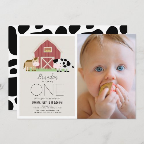 Farm Barnyard Beige Photo 1st Birthday Invitation