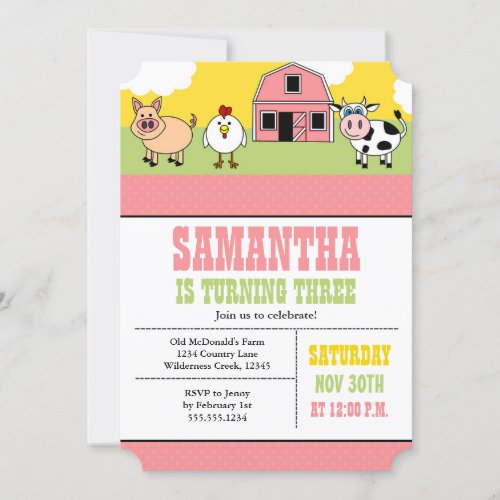 Farm Barnyard Birthday Party Pink Girl Invitation