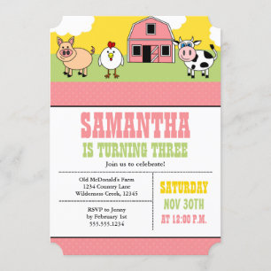 Farm Barnyard Birthday Party Pink Girl Invitation