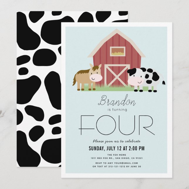 Farm Barnyard Blue Boy Birthday Invitation (Front/Back)