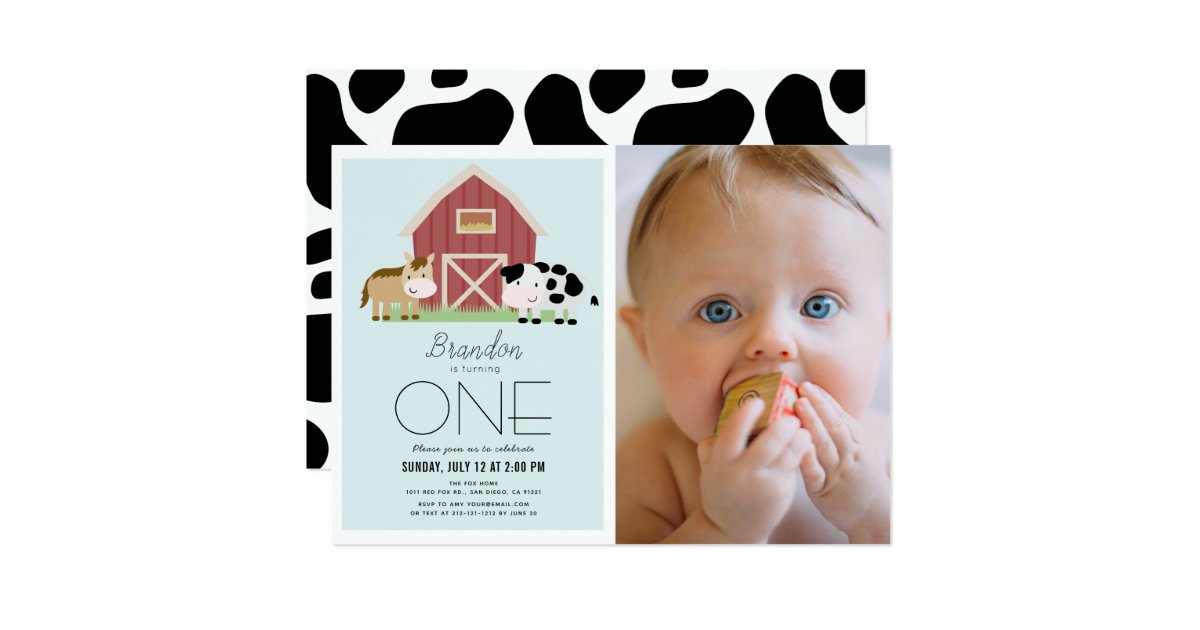 Farm Barnyard Blue Boy Photo 1st Birthday Invitation Zazzle Com