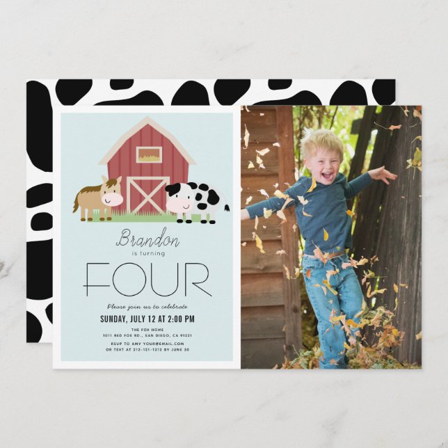 Farm Barnyard Blue Boy Photo Birthday Invitation (Front/Back)