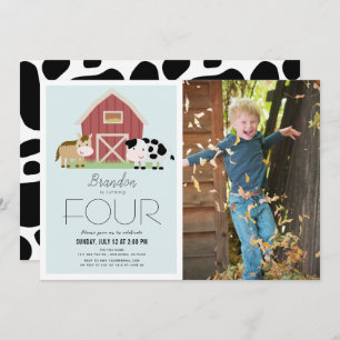 Farm Barnyard Blue Boy Photo Birthday Invitation