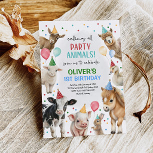 Farm Barnyard Party Animals Balloons Boy Birthday Invitation
