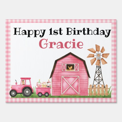 Farm  Barnyard Pink Birthday Banner Sign