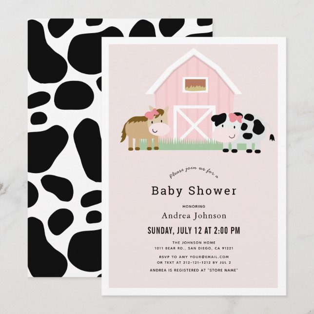 Farm Barnyard Pink Girl Baby Shower Invitation (Front/Back)