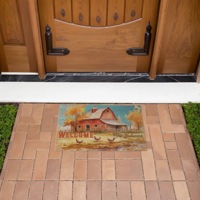 Farm Barnyard Scene Country Rustic Welcome Name Fiber Doormat (Insitu (Outdoor))