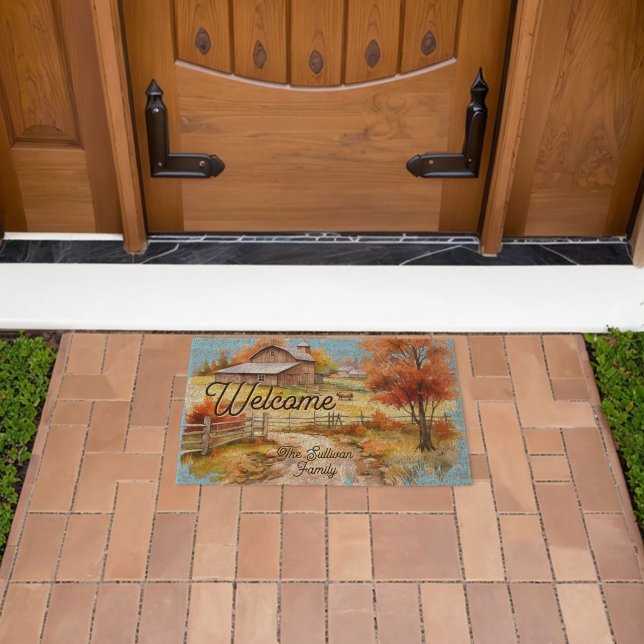 Farm Barnyard Scene Country Rustic Welcome Name Fiber Doormat (Insitu (Outdoor))