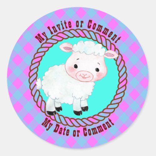 Farm barnyard sheep lamb gingham pink teal classic round sticker