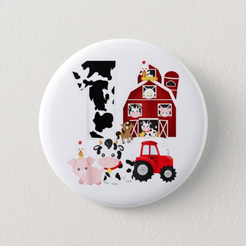 Farm Barnyard Theme Pig Cow Horse 1st Birthday Button