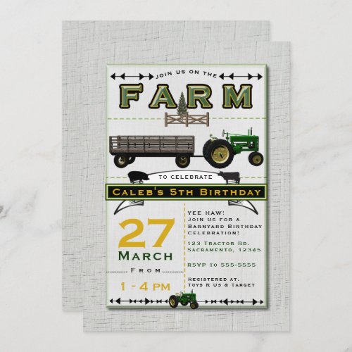 Farm Barnyard Tractor Birthday Party Invitations