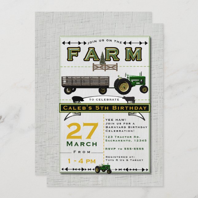 Farm Barnyard Tractor Birthday Party Invitations (Front/Back)