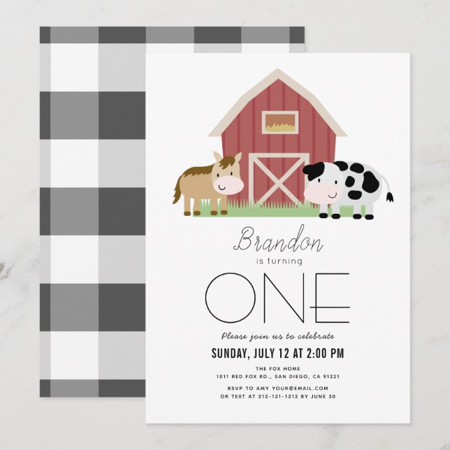 Farm Barnyard White Gender-neutral 1st Birthday In Invitation (Front/Back)
