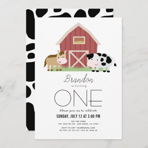 Farm Barnyard White Gender_neutral 1st Birthday Invitation