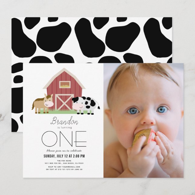 Farm Barnyard White Gender-neutral 1st Birthday Invitation (Front/Back)
