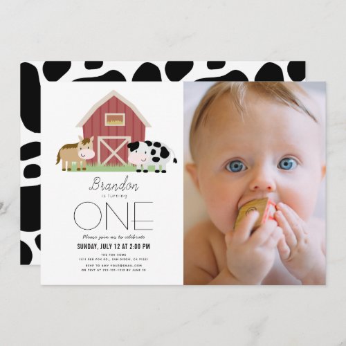 Farm Barnyard White Gender_neutral 1st Birthday Invitation