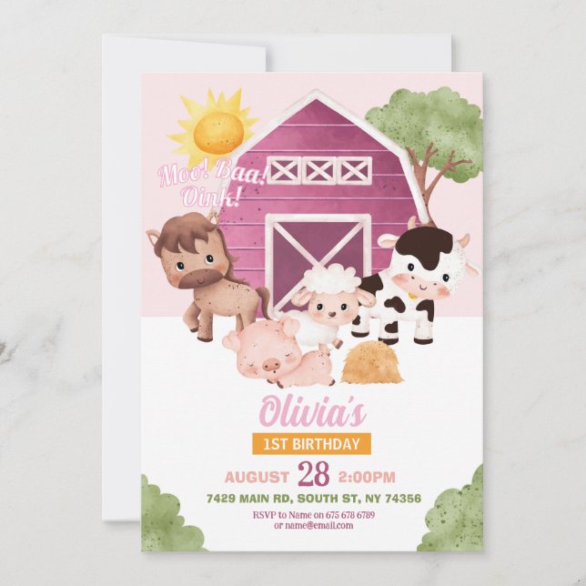 Farm Birthday 1st Invite Pink Girls One Animals (Front)