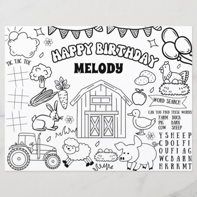 Farm Birthday Coloring Page Animal Party Placemat (Front)