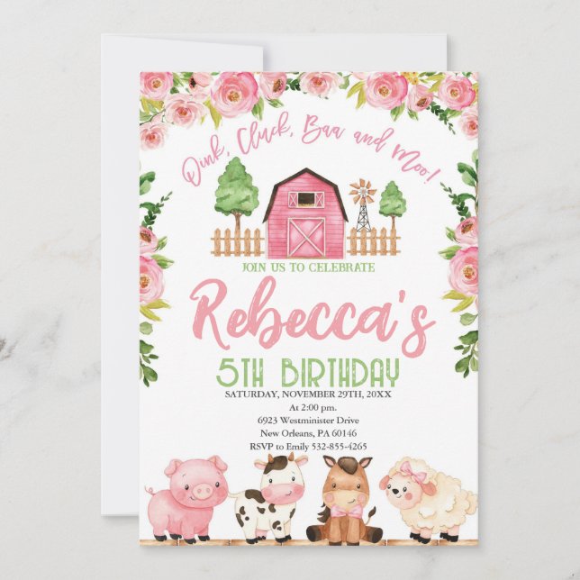 Farm Birthday for Girl, Farm Animals Invitation (Front)