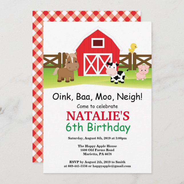 Farm Birthday Invitation Barnyard Party (Front/Back)