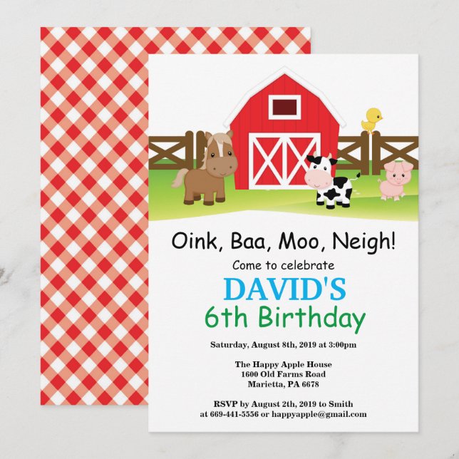 Farm Birthday Invitation Barnyard Party (Front/Back)