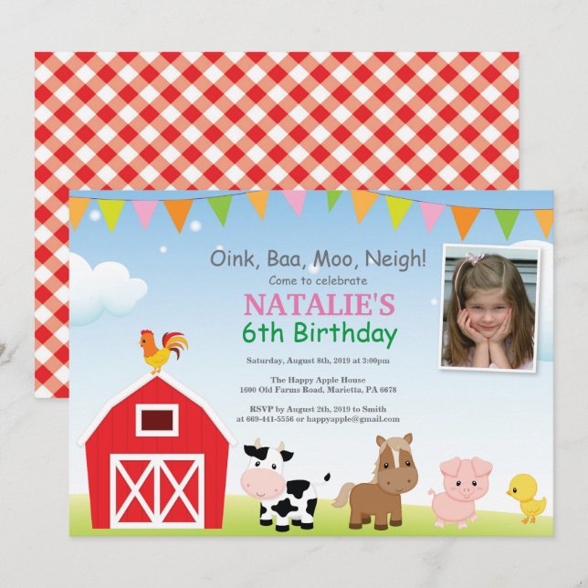 Farm Birthday Invitation Barnyard Party (Front/Back)