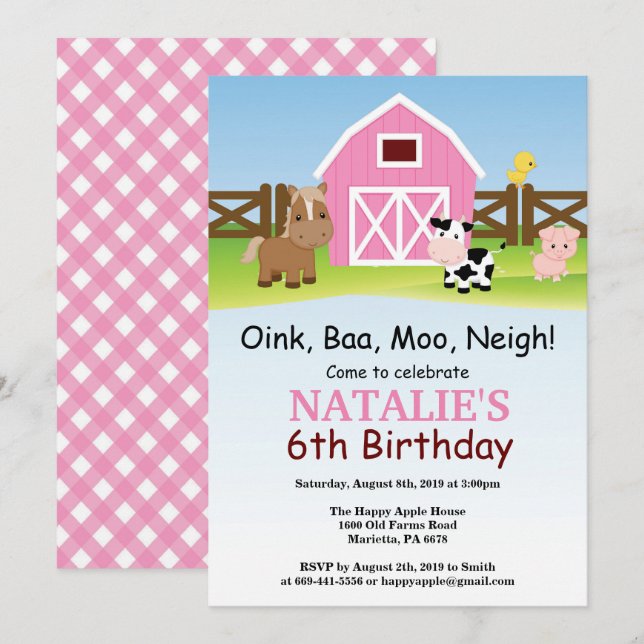 Farm Birthday Invitation Barnyard Party (Front/Back)