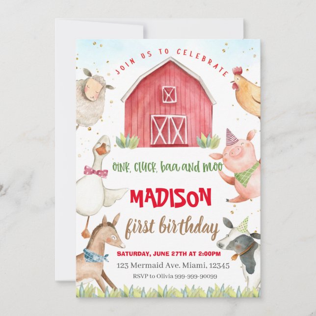Farm Birthday Invitation, Boy Barn Party Invitation (Front)