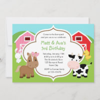 Farm Birthday Invitation - Boy Girl Twins Barnyard