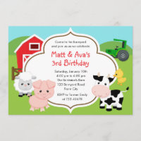 Farm Birthday Invitation - Boy Girl Twins Barnyard